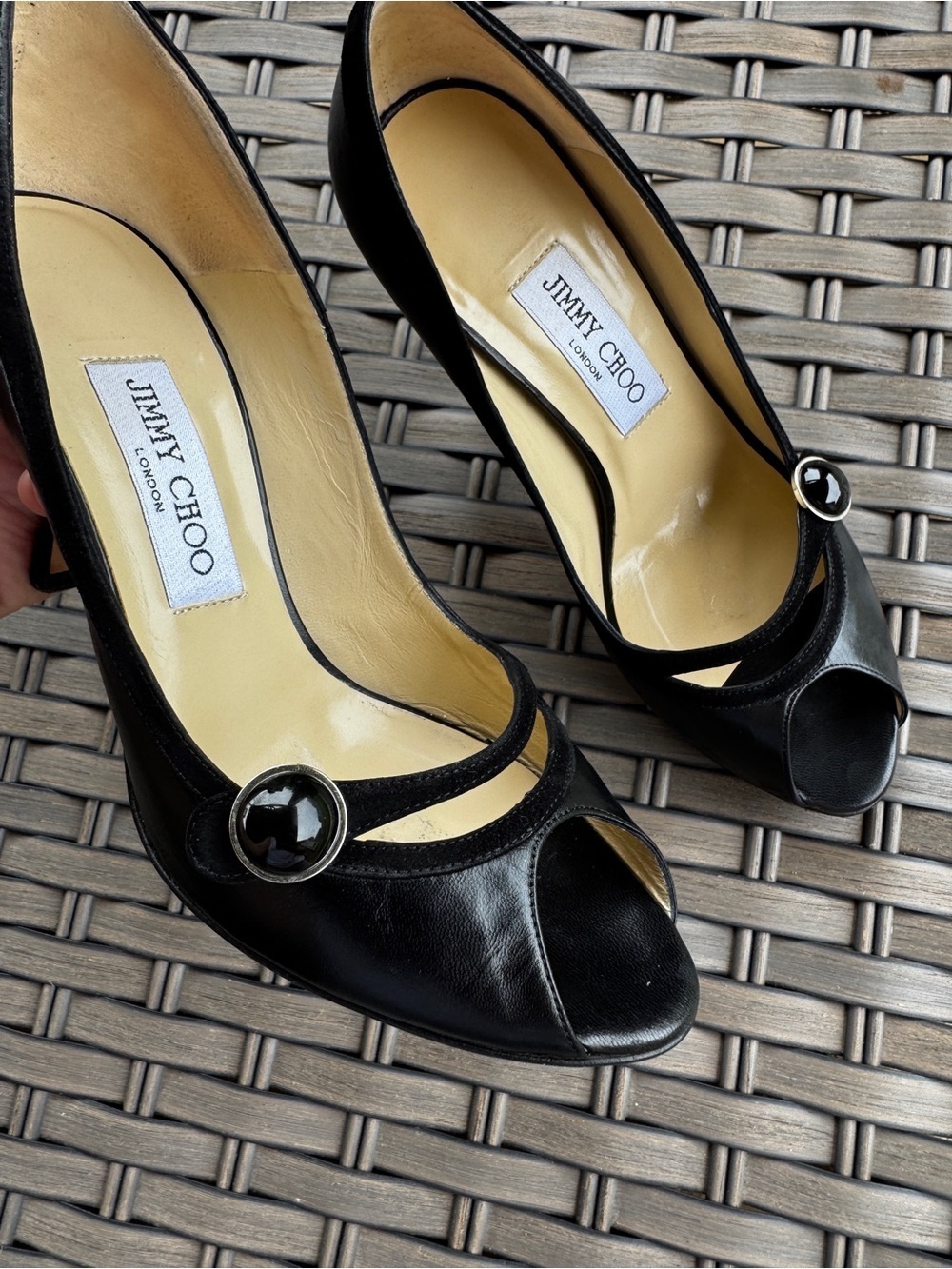 Vintage Jimmy Choo Black Leather Peep Toe Mary Jane Heels Pumps Size 36,5 - Picture 5 of 15